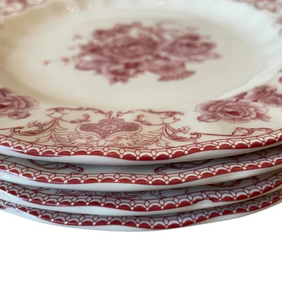 4pc Palate & Plate Victorian RED Rose Floral 10.5" Dinner Plates Scalloped New - Picture 5 of 14
